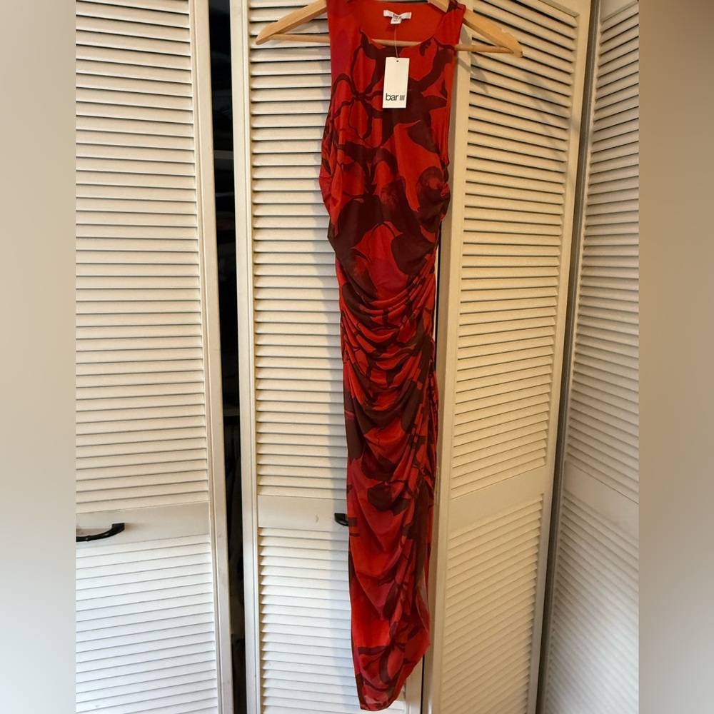 Red Floral Smooth Side-Slit Bodycon Midi Dress